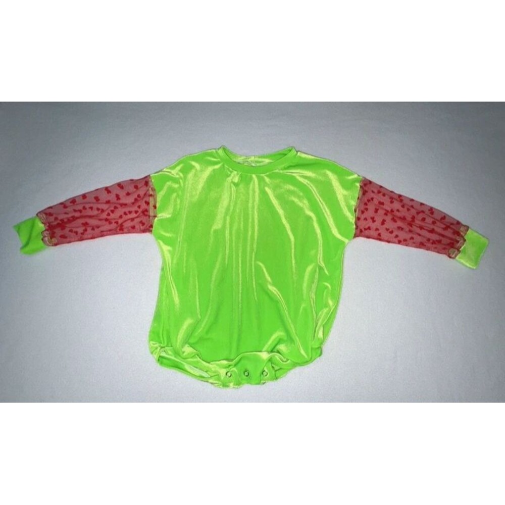 Lime Green Velvet Baby Romper Sheer Red Heart Mesh Sleeves 18-24 months